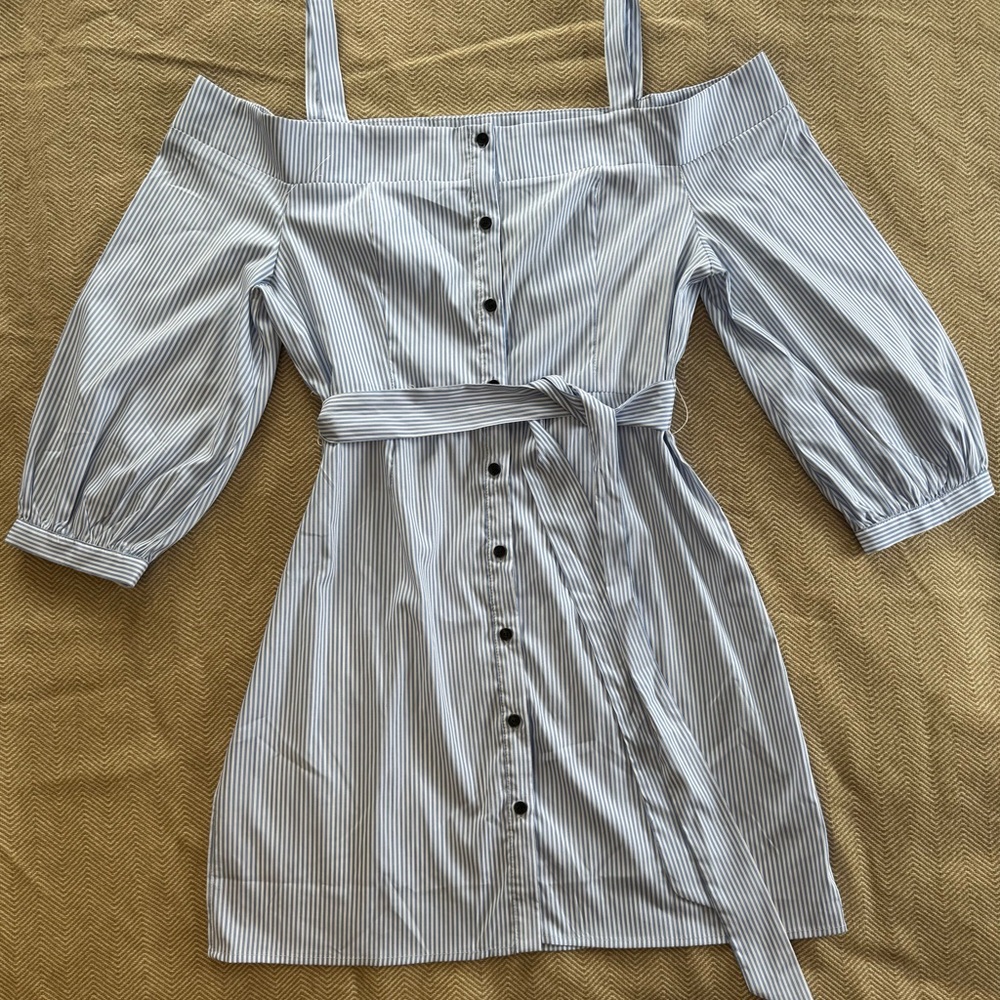 Fashion Nova White and Light Blue Striped Off-Shoulder Mini Dress